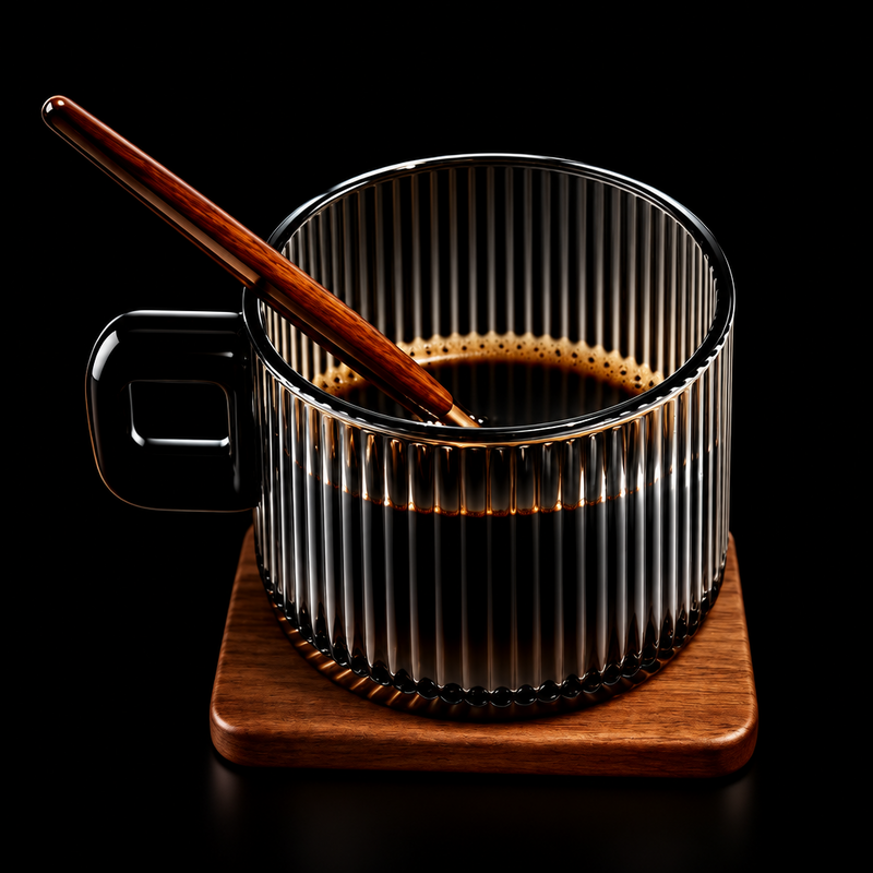 Kafejnica Striped Borosilicate Glass Coffee Mug – 300ml Latte Cup with Optional Wooden Tray