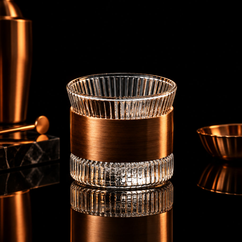 Glass container with wooden band on a gray background