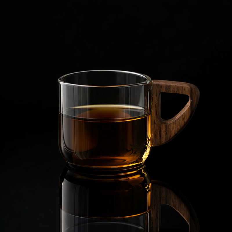 Kafejnica Transparent Glass Tea Cup with Walnut Wood Handle – Anti-Scald