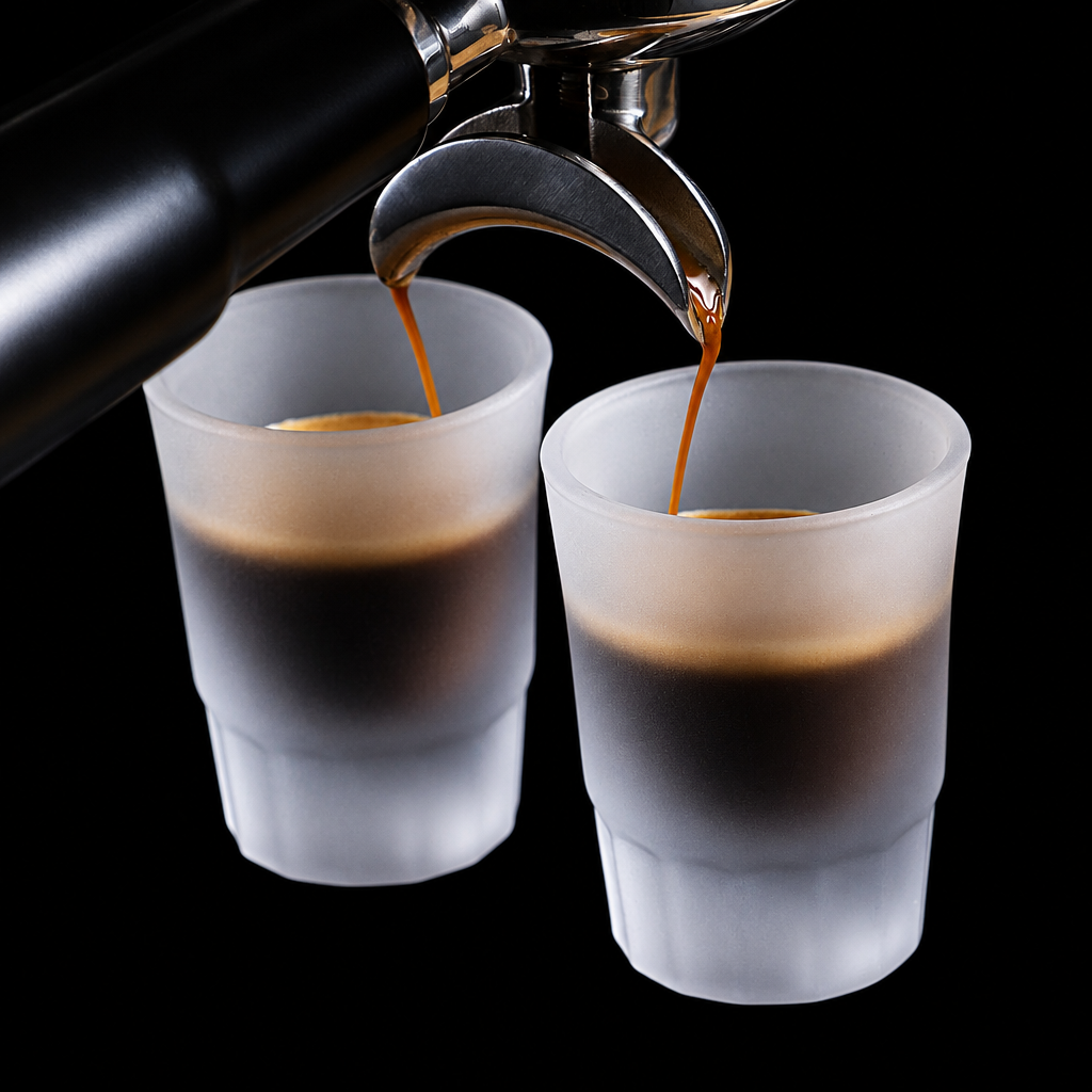 Two frosted translucent coffee cups with Binco branding, shown on a black espresso machine with espresso being poured into them. The Binco logo is also visible as an overlay in the top left.
