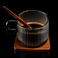 Kafejnica Striped Borosilicate Glass Coffee Mug – 300ml Latte Cup with Optional Wooden Tray