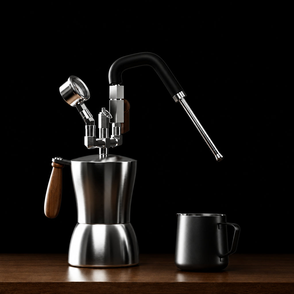 A stainless steel portable steam milk frother with a curved black steam wand, wooden handle, and matching black metal cup, shown on a wooden surface against a dark gray textured background. Orange text at the top reads 'PROFESSIONAL PORTABLE STEAM MILK FROTHE' with feature callouts.