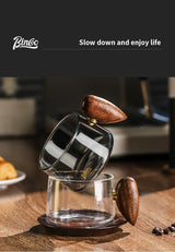 Kafejnica borosilicate glass cup with handle and wooden tray, retro coffee set