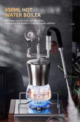 A 450ML hot water boiler steam maker shown on a stovetop with a visible flame and steam, set against a dark textured wall with promotional text on the left.