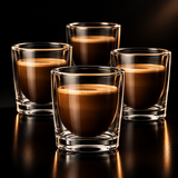 A clear double-walled glass tumbler containing a brown coffee drink, photographed against a black background with a reflective surface below.