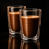 A clear double-walled glass cup filled with a light brown coffee or latte drink, photographed against a black background with a reflective surface below.