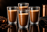 A clear double-walled glass cup filled with a light brown coffee or latte drink, photographed against a black background with a reflective surface below.
