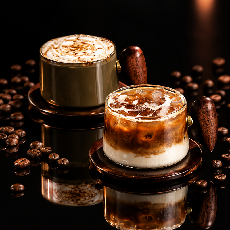 Kafejnica Borosilicate Glass Cup with Handle & Wooden Tray – Retro Coffee Set (200–400ml)