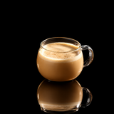  lifestyle photos showing a clear glass mug with a handle on a wooden tray.