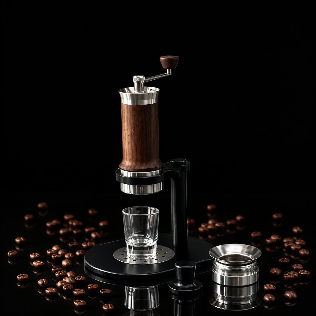 A manual coffee grinder with a dark wood handle and black metal base, shown with a small clear glass cup under the grinding head and a separate metal container on a light gray surface against a soft gray background.