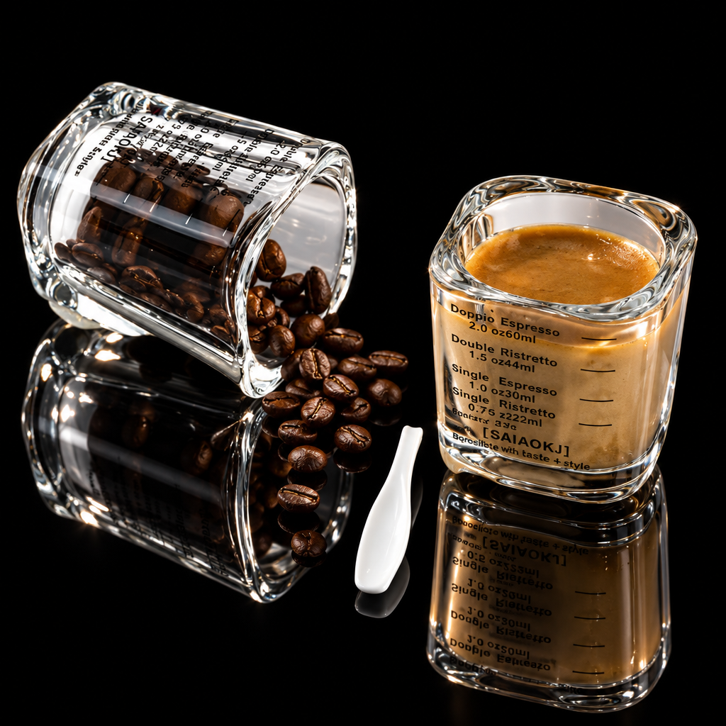 Two clear glass coffee cups with printed measurement markings, one tipped over with coffee beans spilling out and the other filled with espresso, on a white surface with dried orange slices and green leaves in the background. KEMORELA branding is visible in the top left.