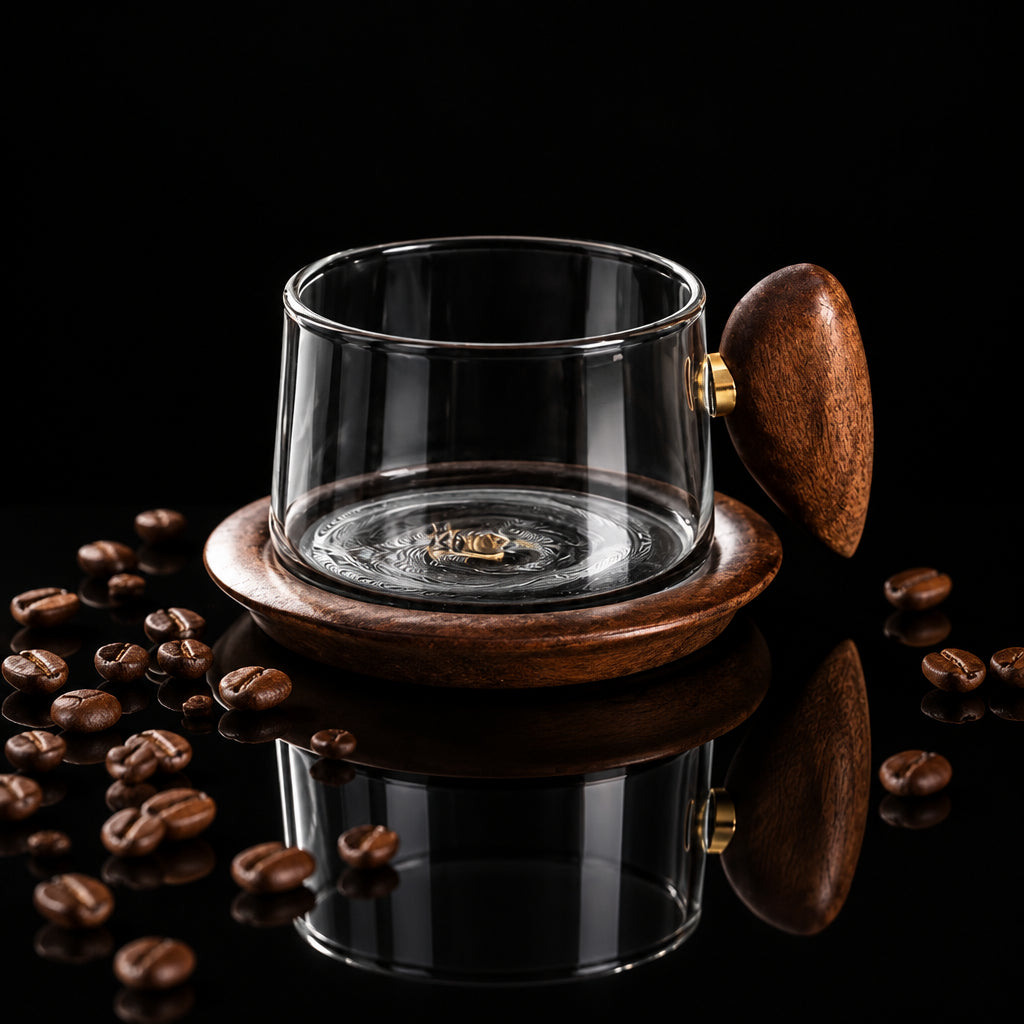 Kafejnica Borosilicate Glass Cup with Handle & Wooden Tray – Retro Coffee Set (200–400ml)