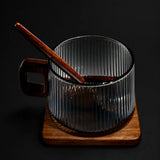 Kafejnica striped borosilicate glass coffee mug, 300ml, with wooden tray