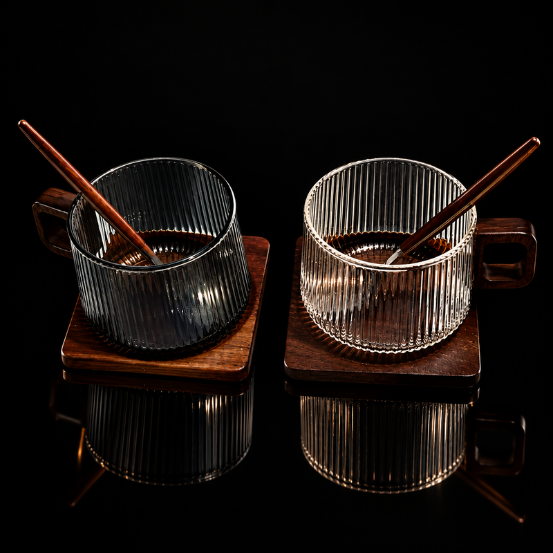 Kafejnica Striped Borosilicate Glass Coffee Mug – 300ml Latte Cup with Optional Wooden Tray