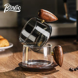 Kafejnica borosilicate glass cup with handle and wooden tray, retro coffee set