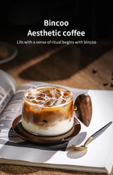 Kafejnica borosilicate glass cup with handle and wooden tray, retro coffee set
