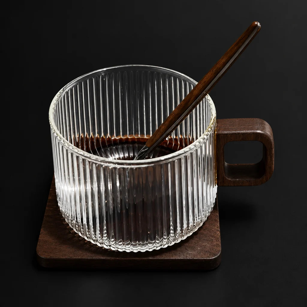 Kafejnica striped borosilicate glass coffee mug, 300ml, with wooden tray