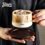 Kafejnica borosilicate glass cup with handle and wooden tray, retro coffee set