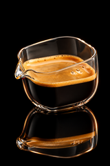 A clear glass pour-over pitcher with a black base, shown filled with espresso on a dark gray surface. White text at the top reads 'EAGLE BEAK DESIGN ROUND MOUTH' with descriptive copy about pouring and flow control.