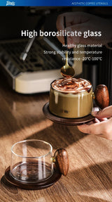Kafejnica borosilicate glass cup with handle and wooden tray, retro coffee set